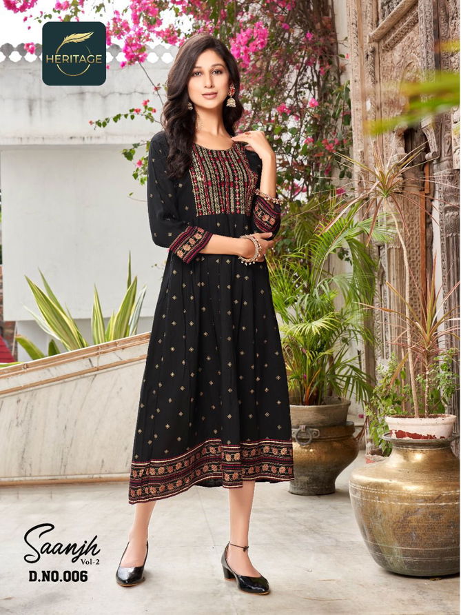 Heritage Saanjh 2 Rayon Printed Ethnic Wear Anarkali Long Kurti Collection